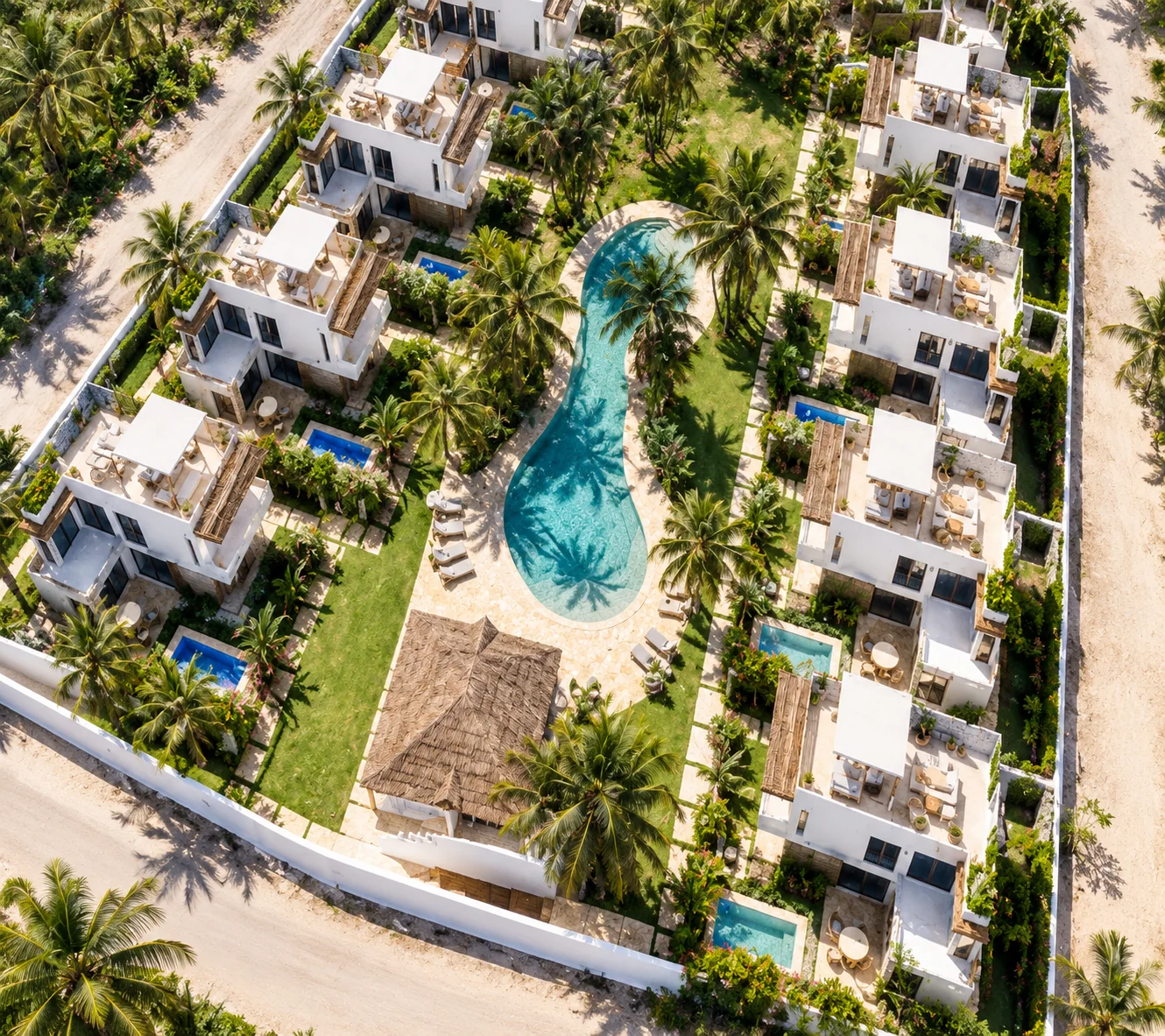 Aerial view of the ten Elegant Villas around the central pool