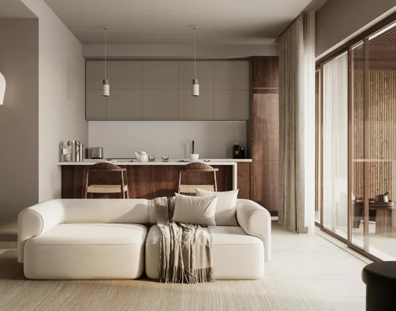 Apartment living and kitchen
