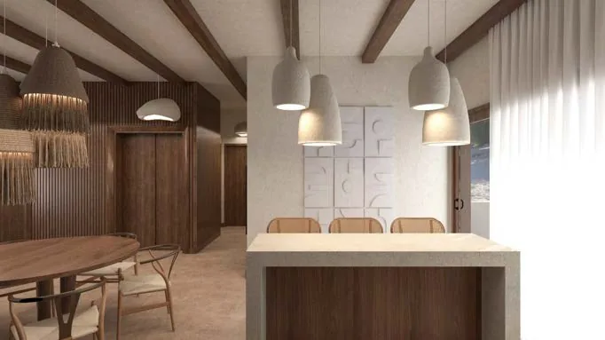 Kitchen and dining area visualisation at Vela Paje · project brochure visualisation
