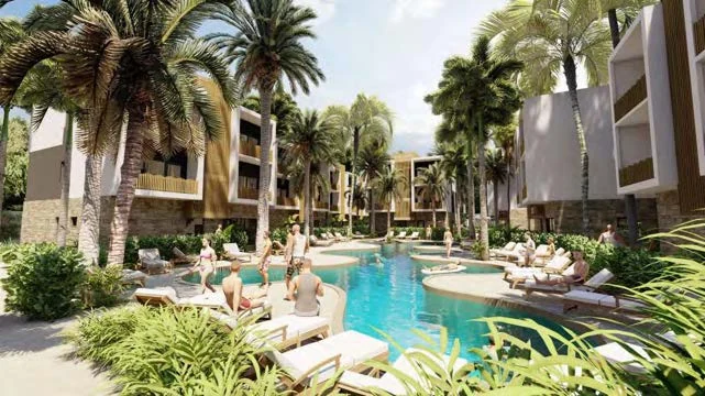 Architectural visualisation of the shared swimming pool at Vela Paje
