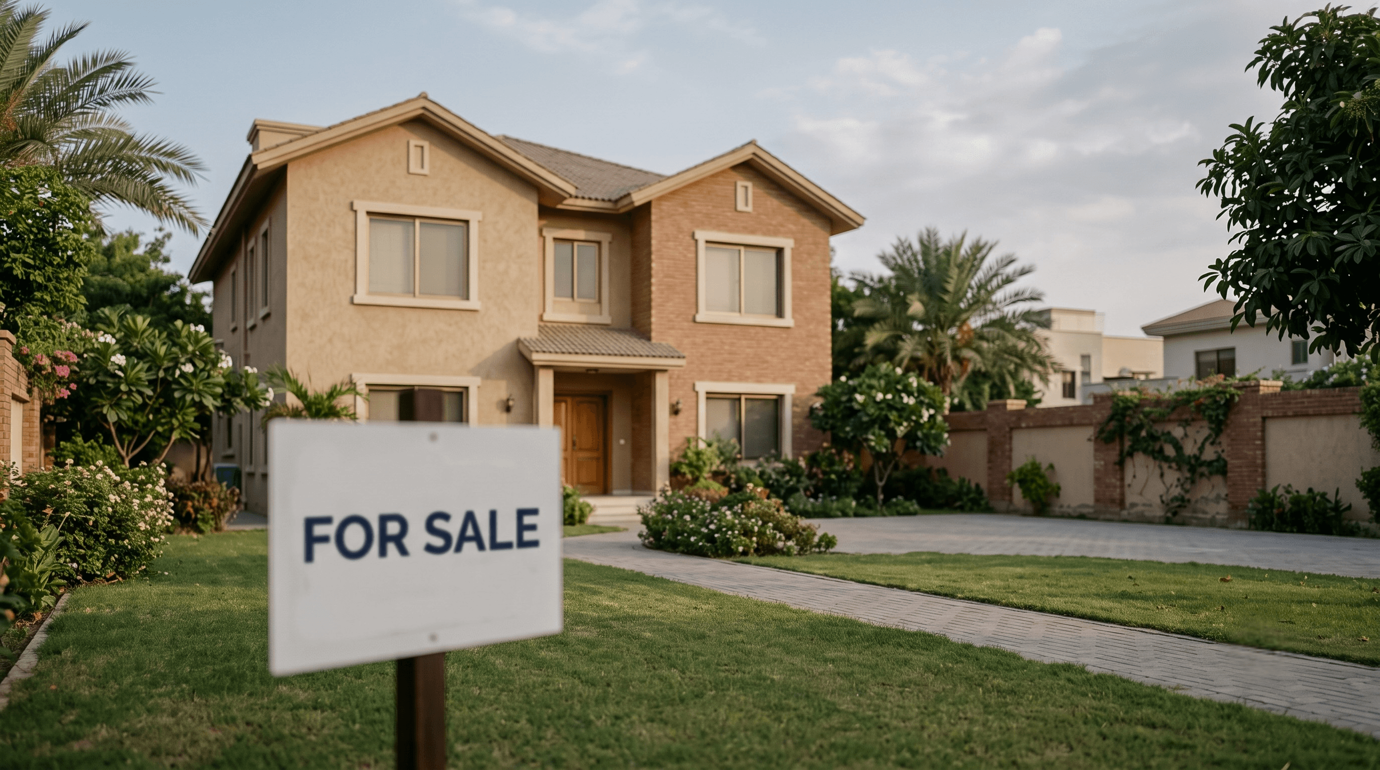 A modern house with a 'for sale' sign board outside.
